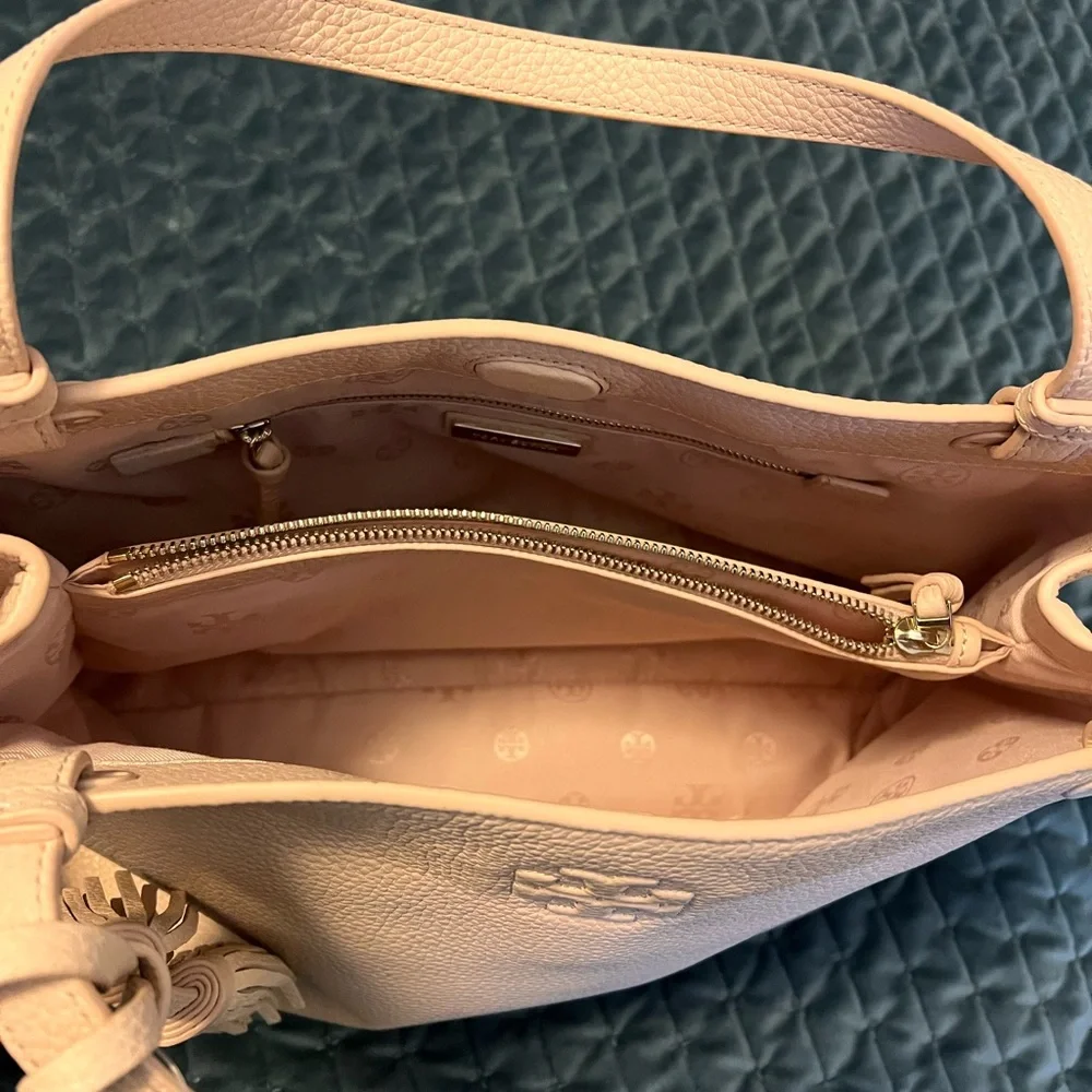 Tory Burch Pale Pink Pebbled Leather Shoulder Tote with Tassel